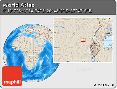 Shaded Relief Location Map of the Area around 0° 52' 31" S, 27° 16' 29" E