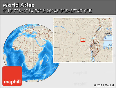 Shaded Relief Location Map of the Area around 0° 52' 31" S, 27° 16' 29" E