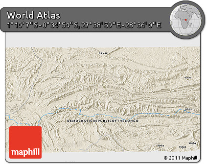 Shaded Relief 3D Map of the Area around 0° 52' 31" S, 28° 7' 30" E