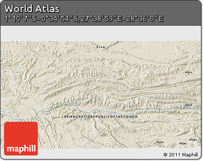 Shaded Relief 3D Map of the Area around 0° 52' 31" S, 28° 7' 30" E