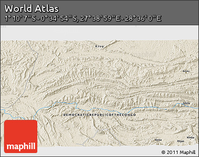 Shaded Relief 3D Map of the Area around 0° 52' 31" S, 28° 7' 30" E