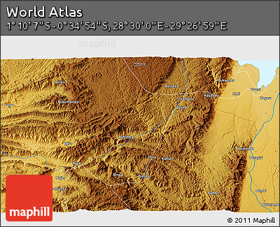 Physical 3D Map of the Area around 0° 52' 31" S, 28° 58' 30" E