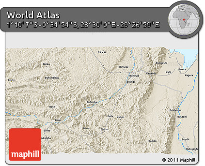 Shaded Relief 3D Map of the Area around 0° 52' 31" S, 28° 58' 30" E