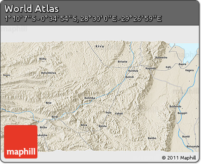 Shaded Relief 3D Map of the Area around 0° 52' 31" S, 28° 58' 30" E