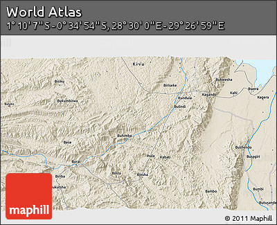 Shaded Relief 3D Map of the Area around 0° 52' 31" S, 28° 58' 30" E