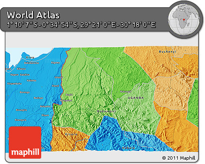 Political 3D Map of the Area around 0° 52' 31" S, 29° 49' 30" E