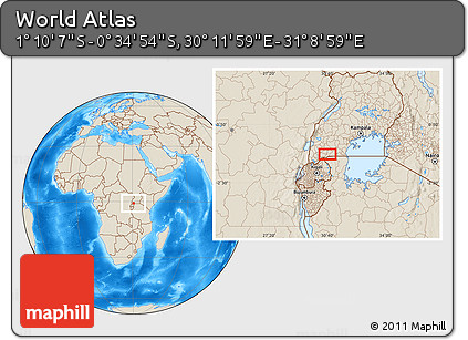 Shaded Relief Location Map of the Area around 0° 52' 31" S, 30° 40' 29" E