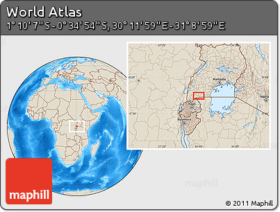 Shaded Relief Location Map of the Area around 0° 52' 31" S, 30° 40' 29" E