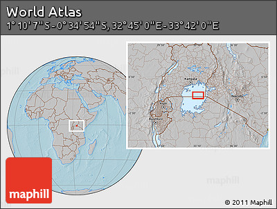 Gray Location Map of the Area around 0° 52' 31" S, 33° 13' 30" E, hill shading