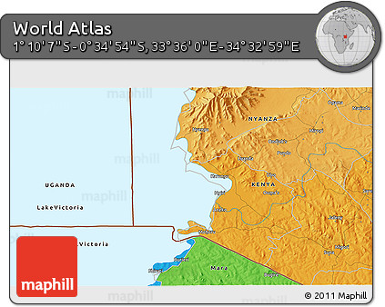 Political 3D Map of the Area around 0° 52' 31" S, 34° 4' 30" E