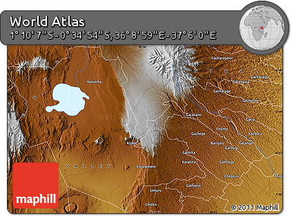 Physical Map of the Area around 0° 52' 31" S, 36° 37' 30" E