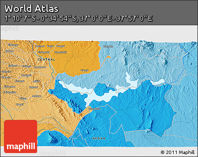 Political 3D Map of the Area around 0° 52' 31" S, 37° 28' 30" E
