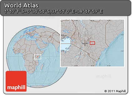 Gray Location Map of the Area around 0° 52' 31" S, 38° 19' 30" E, hill shading