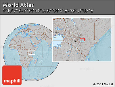 Gray Location Map of the Area around 0° 52' 31" S, 38° 19' 30" E, hill shading