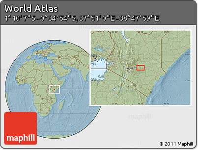 Savanna Style Location Map of the Area around 0° 52' 31" S, 38° 19' 30" E, hill shading