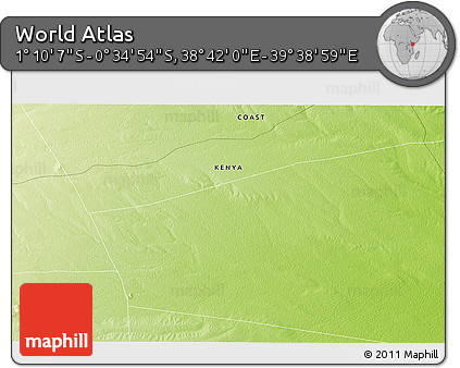 Physical 3D Map of the Area around 0° 52' 31" S, 39° 10' 29" E