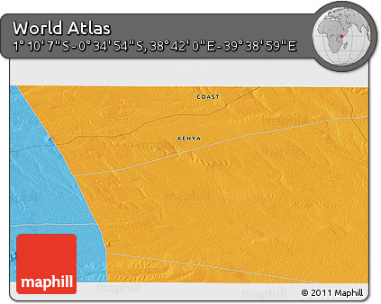 Political 3D Map of the Area around 0° 52' 31" S, 39° 10' 29" E