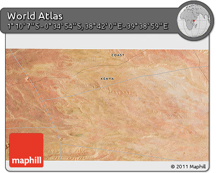 Satellite 3D Map of the Area around 0° 52' 31" S, 39° 10' 29" E