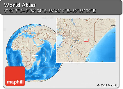 Shaded Relief Location Map of the Area around 0° 52' 31" S, 39° 10' 29" E