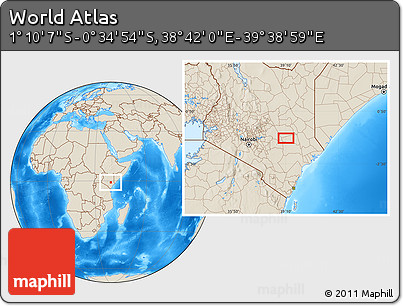 Shaded Relief Location Map of the Area around 0° 52' 31" S, 39° 10' 29" E