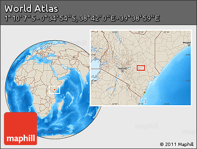 Shaded Relief Location Map of the Area around 0° 52' 31" S, 39° 10' 29" E