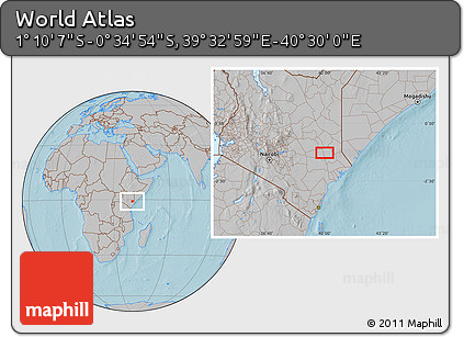 Gray Location Map of the Area around 0° 52' 31" S, 40° 1' 29" E, hill shading