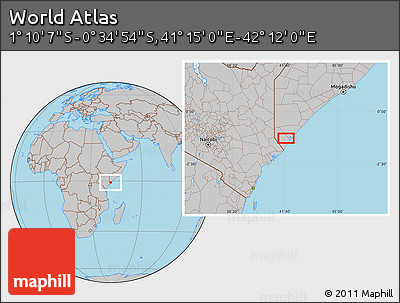 Gray Location Map of the Area around 0° 52' 31" S, 41° 43' 30" E