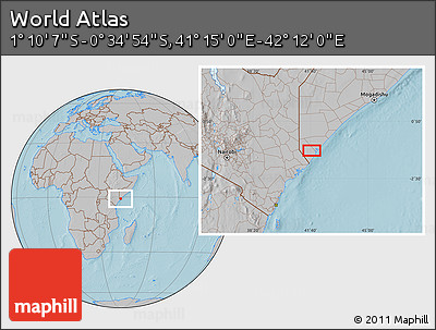 Gray Location Map of the Area around 0° 52' 31" S, 41° 43' 30" E, hill shading
