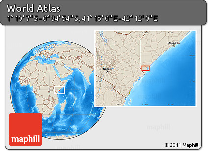 Shaded Relief Location Map of the Area around 0° 52' 31" S, 41° 43' 30" E