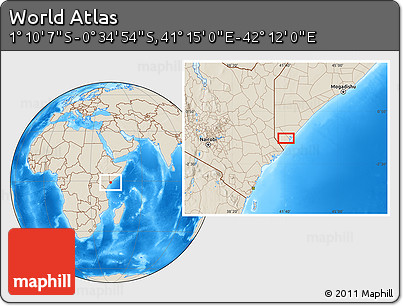 Shaded Relief Location Map of the Area around 0° 52' 31" S, 41° 43' 30" E