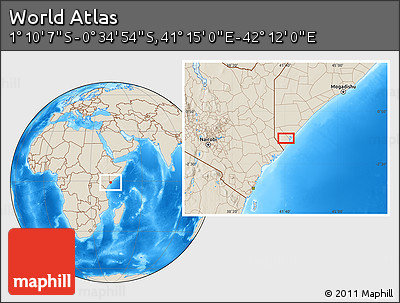 Shaded Relief Location Map of the Area around 0° 52' 31" S, 41° 43' 30" E