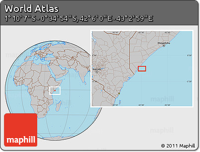 Gray Location Map of the Area around 0° 52' 31" S, 42° 34' 30" E