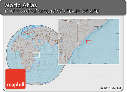 Gray Location Map of the Area around 0° 52' 31" S, 43° 25' 29" E, hill shading