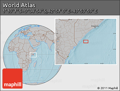 Gray Location Map of the Area around 0° 52' 31" S, 43° 25' 29" E, hill shading
