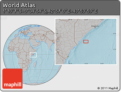Gray Location Map of the Area around 0° 52' 31" S, 43° 25' 29" E, hill shading