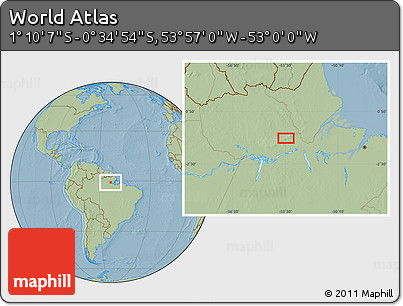 Savanna Style Location Map of the Area around 0° 52' 31" S, 53° 28' 30" W, hill shading