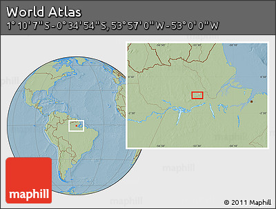 Savanna Style Location Map of the Area around 0° 52' 31" S, 53° 28' 30" W, hill shading