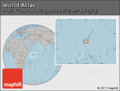 Gray Location Map of the Area around 0° 52' 31" S, 55° 19' 30" E, hill shading