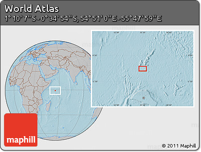 Gray Location Map of the Area around 0° 52' 31" S, 55° 19' 30" E, hill shading