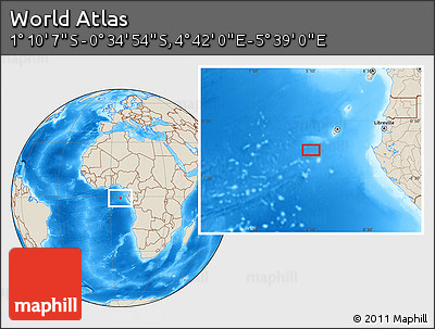 Shaded Relief Location Map of the Area around 0° 52' 31" S, 5° 10' 30" E