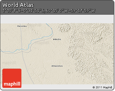 Shaded Relief 3D Map of the Area around 0° 52' 31" S, 60° 16' 29" W
