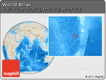 Shaded Relief Location Map of the Area around 0° 52' 31" S, 71° 28' 29" E