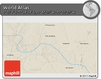 Shaded Relief 3D Map of the Area around 0° 52' 31" S, 71° 19' 29" W