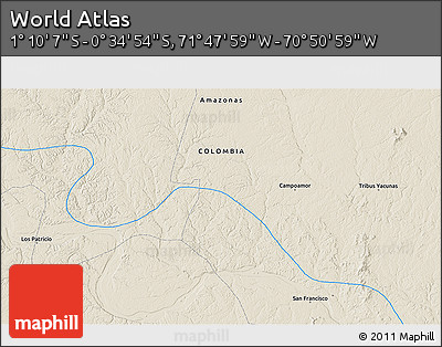 Shaded Relief 3D Map of the Area around 0° 52' 31" S, 71° 19' 29" W
