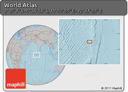 Gray Location Map of the Area around 0° 52' 31" S, 72° 19' 29" E, hill shading