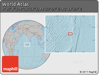 Gray Location Map of the Area around 0° 52' 31" S, 72° 19' 29" E, hill shading