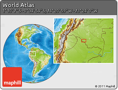 Physical Location Map of the Area around 0° 52' 31" S, 73° 52' 30" W
