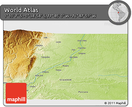Physical 3D Map of the Area around 0° 52' 31" S, 77° 16' 30" W