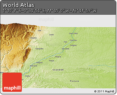 Physical 3D Map of the Area around 0° 52' 31" S, 77° 16' 30" W