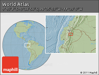 Savanna Style Location Map of the Area around 0° 52' 31" S, 78° 7' 30" W, hill shading